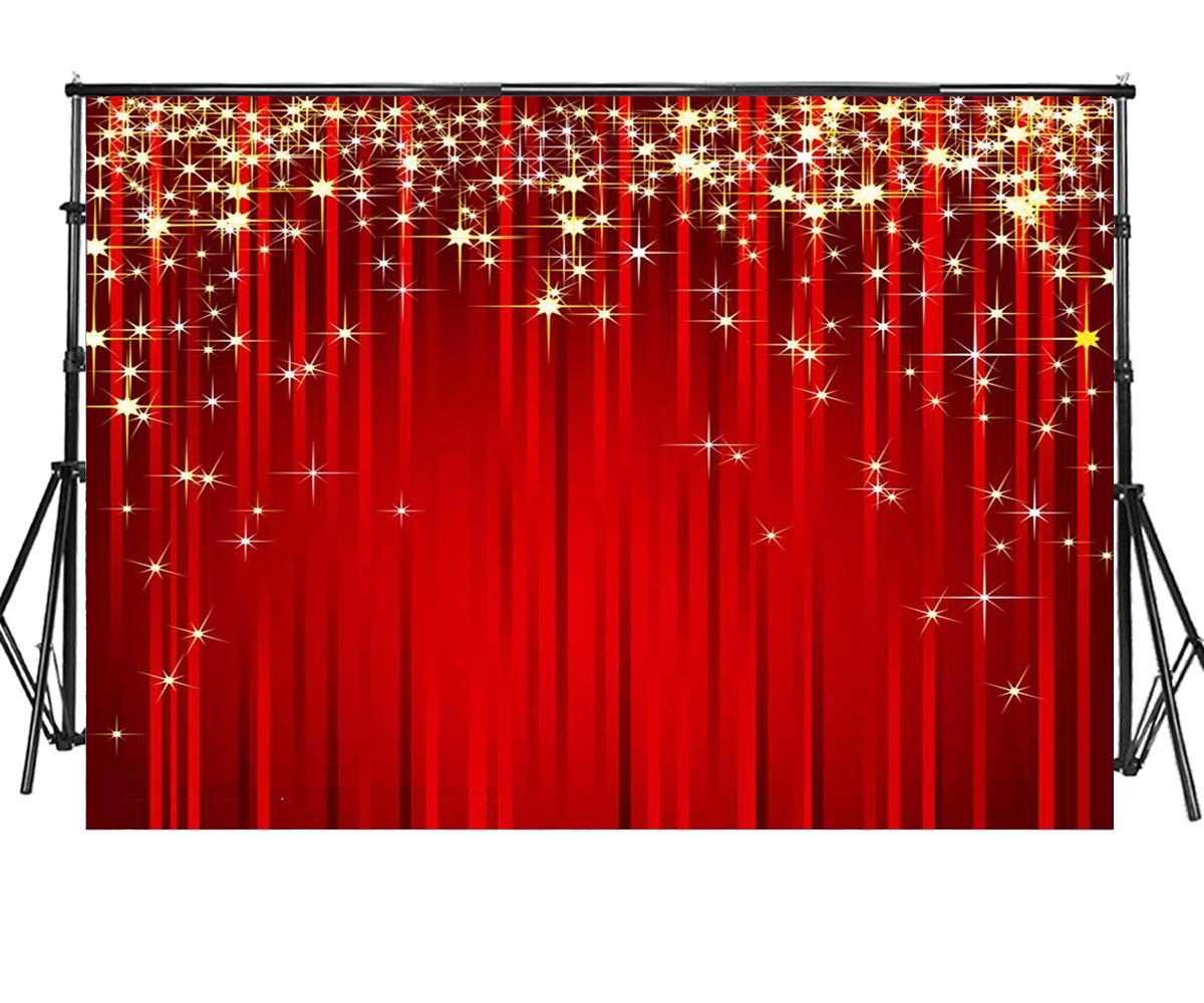 10×6.5ft Red Curtain Photography Backdrops Glitter Gold Stars Carpet Stage