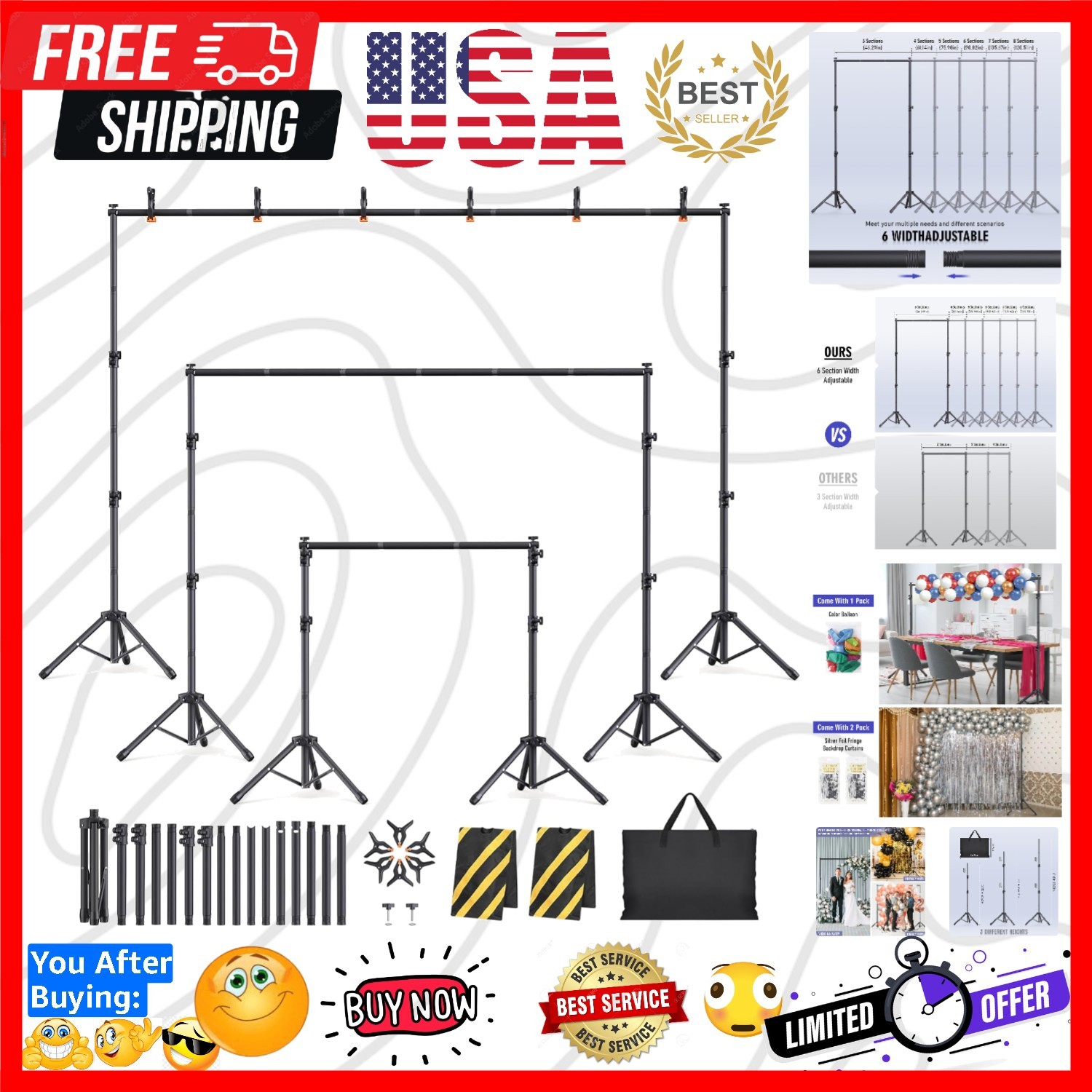 Backdrop Stand Kit – 6 Widths, 10×7.5ft Adjustable Background Stand for Parti…