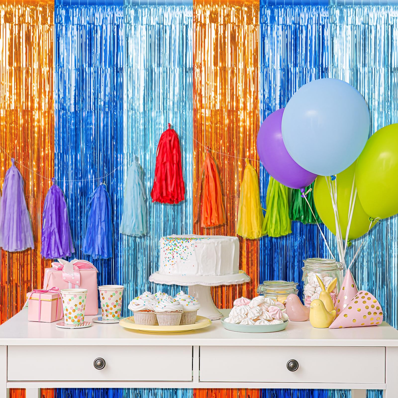 3 Pack 3.3×6.6Ft Blue Dog Foil Fringe Curtains, Orange, Light Blue Tinsel