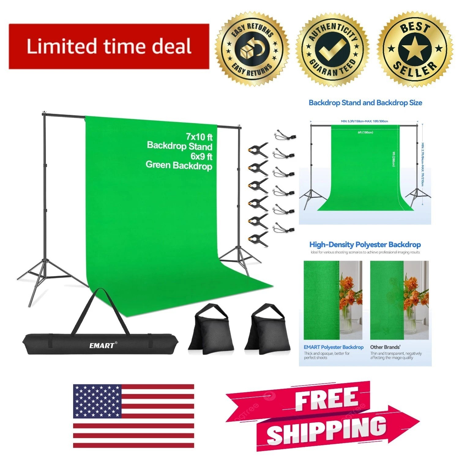 Portable 7x10ft Green Screen Backdrop with Clamp & Carry Bag for Easy Transport