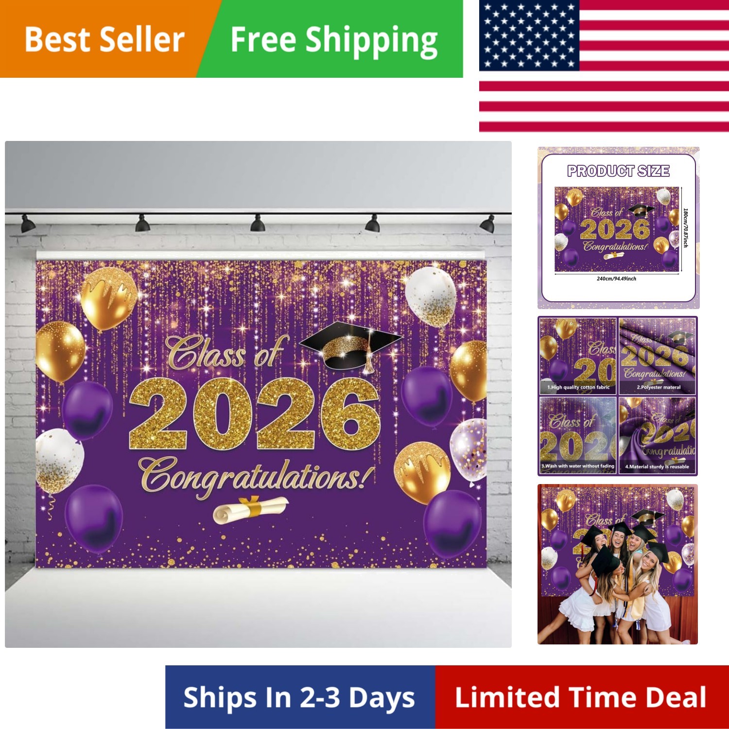 8x6ft Class of 2026 Party Backdrop, Purple and Gold Congrats Grad Backdrop Co…