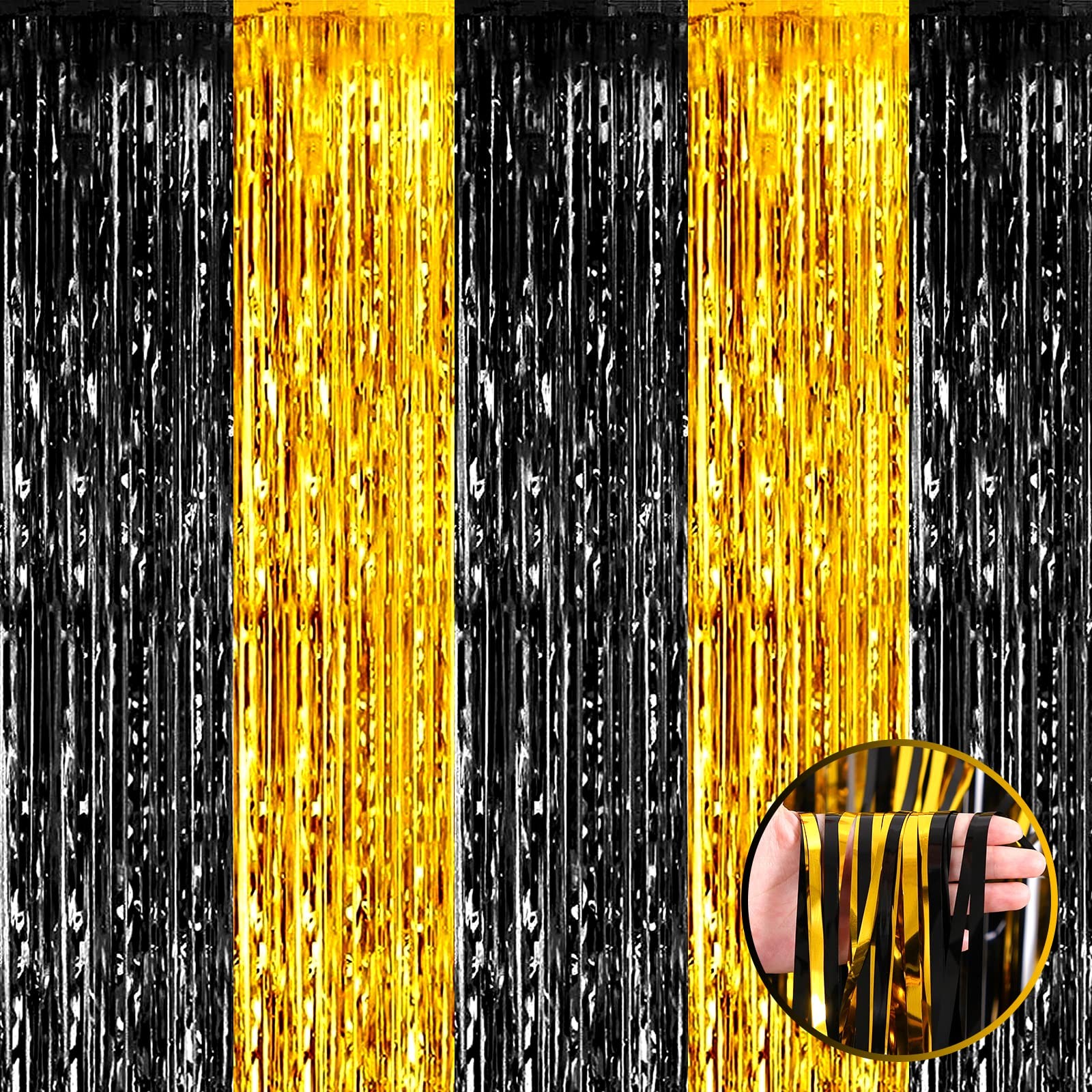 Black Gold Foil Fringe Curtain Backdrop 3.28×9.8 Ft Metallic Tinsel 4 PCS