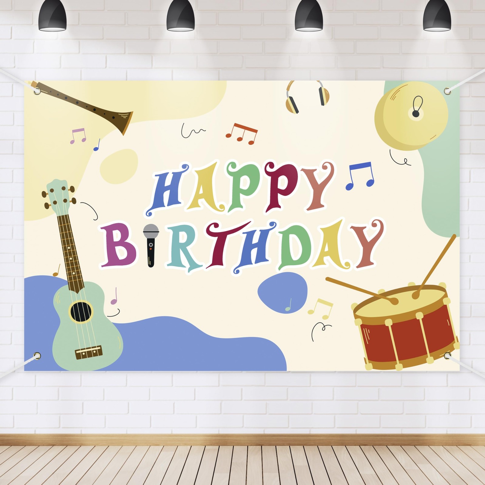 Music Note Happy Birthday Banner Backdrop Various Cartoon Musical Instruments…
