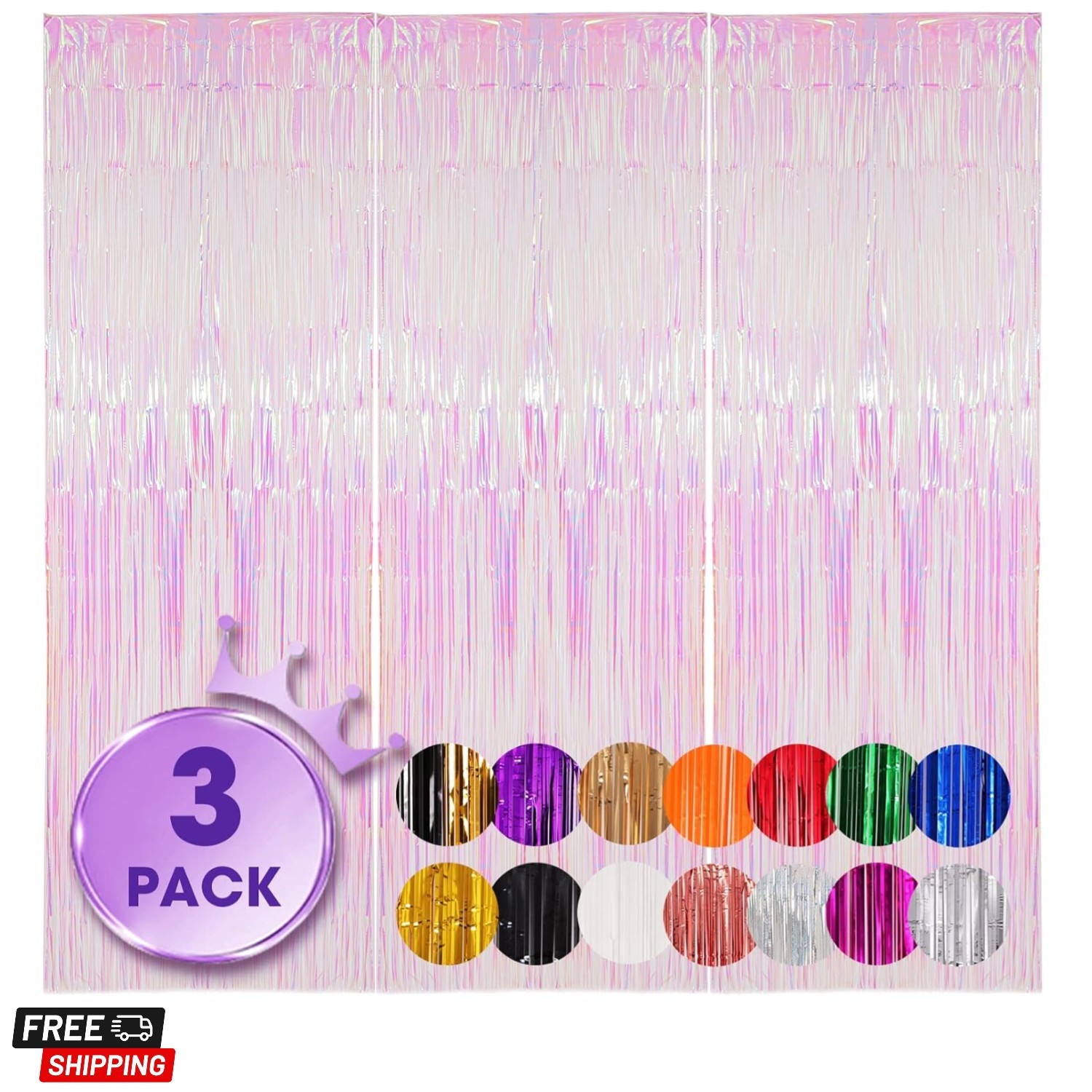 3 Pack 3.3×8.2 Feet Iridescent Transparent Foil Fringe Backdrop Curtains, Tin…