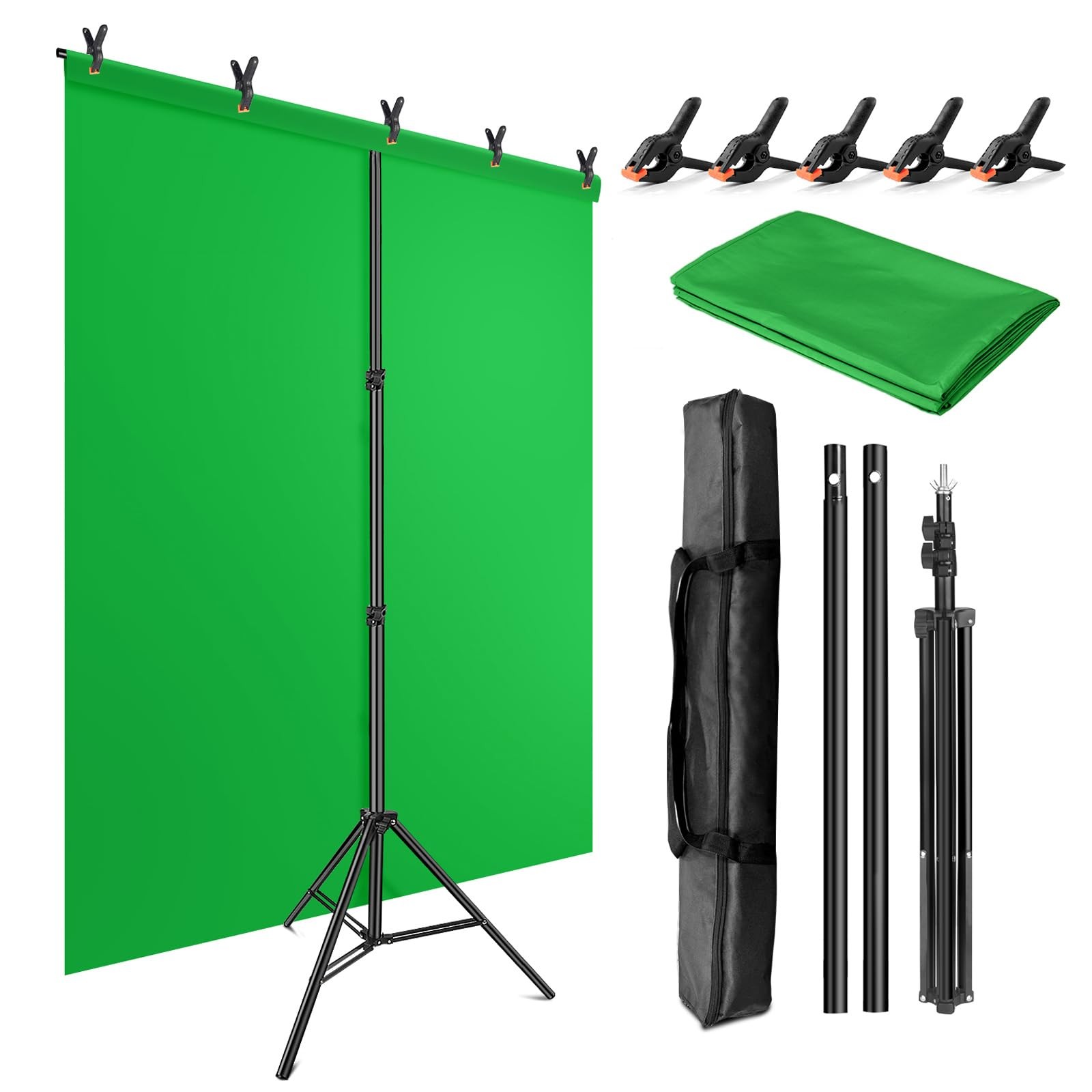 JEBUTU Green Screen Backdrop Kit with Stand, 5X6.5ft Portable Green Screen Ba…